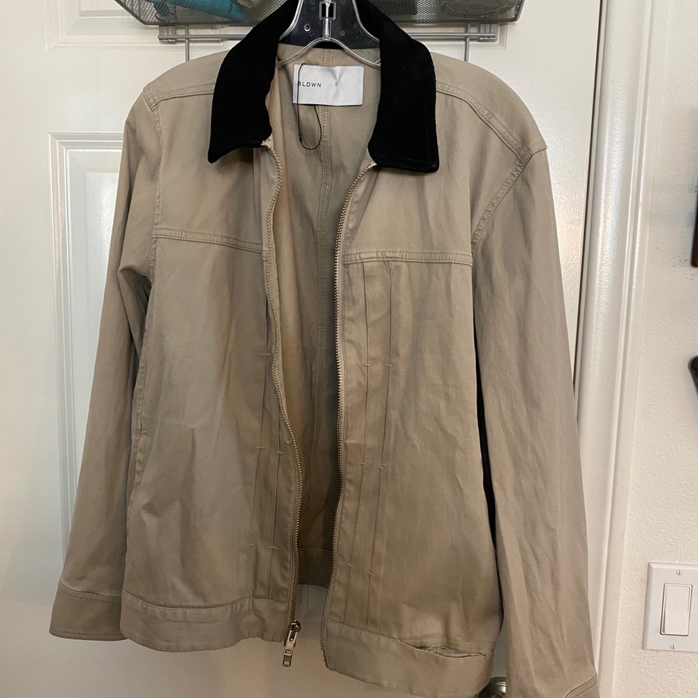 BLDWN tan utility jacket with black leather collar